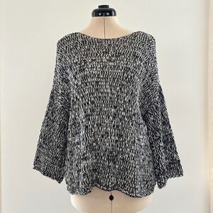 Eileen Fisher Black White Boxy Open Knit Sweater Large Organic Cotton Coastal